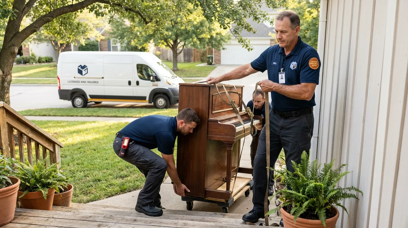 Licensed piano movers securing grand piano in Brusly, LA