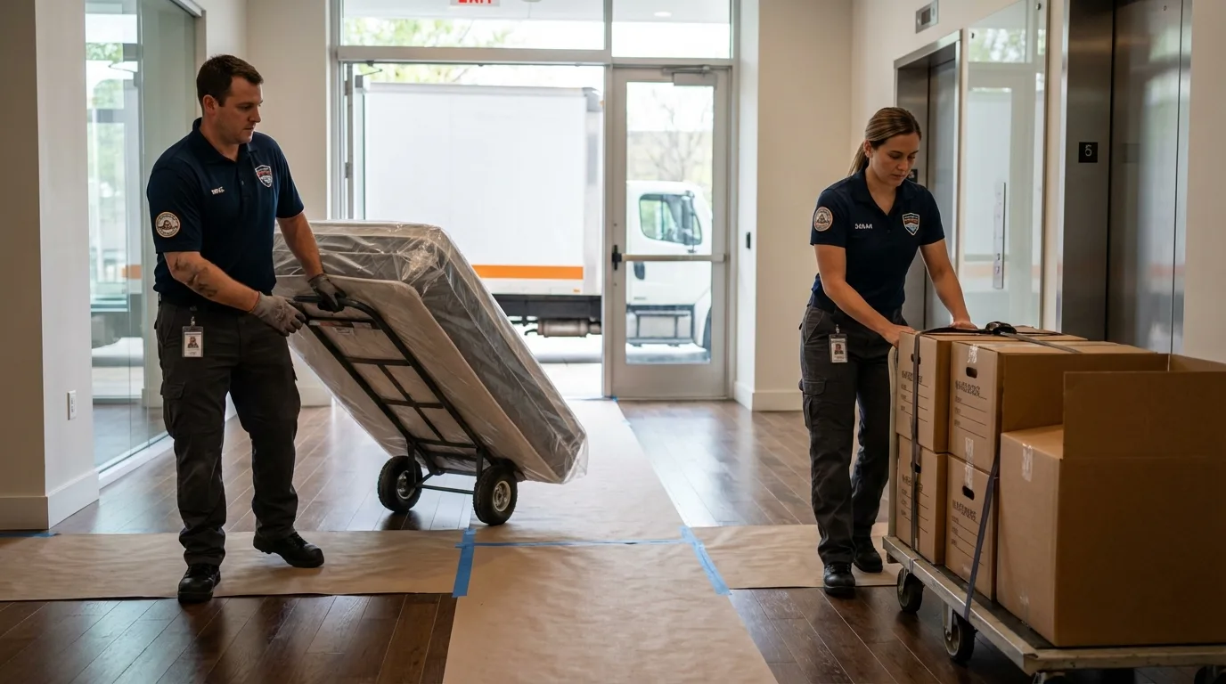 Professional apartment movers loading elevator in Brusly, LA